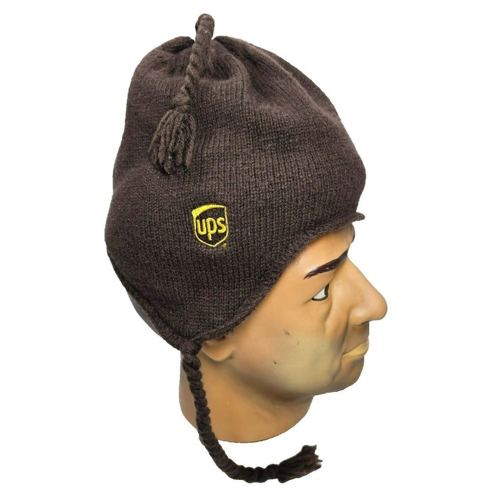 District UPS Brown Knit Beanie Winter Hat with Tassles & Earflaps